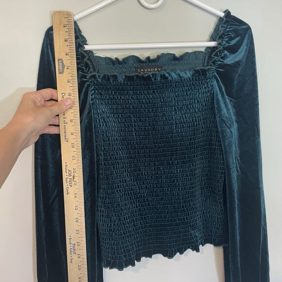 Laundry Shelli Segal Crushed Velvet Sz M Green Cropped Long Sleeve Top Peasant - Picture 4 of 7